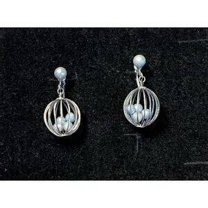 Vintage Silver Screw-Back Orb Earrings Faux Pearls Mid Century Mod Atomic